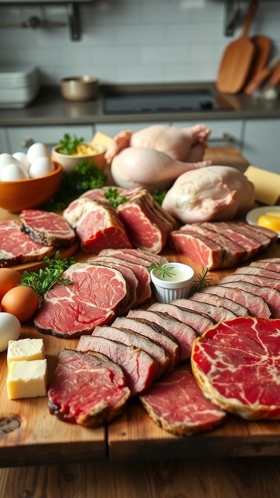 An assortment of meats including beef, pork, and chicken, alongside eggs and dairy products on a wooden table.